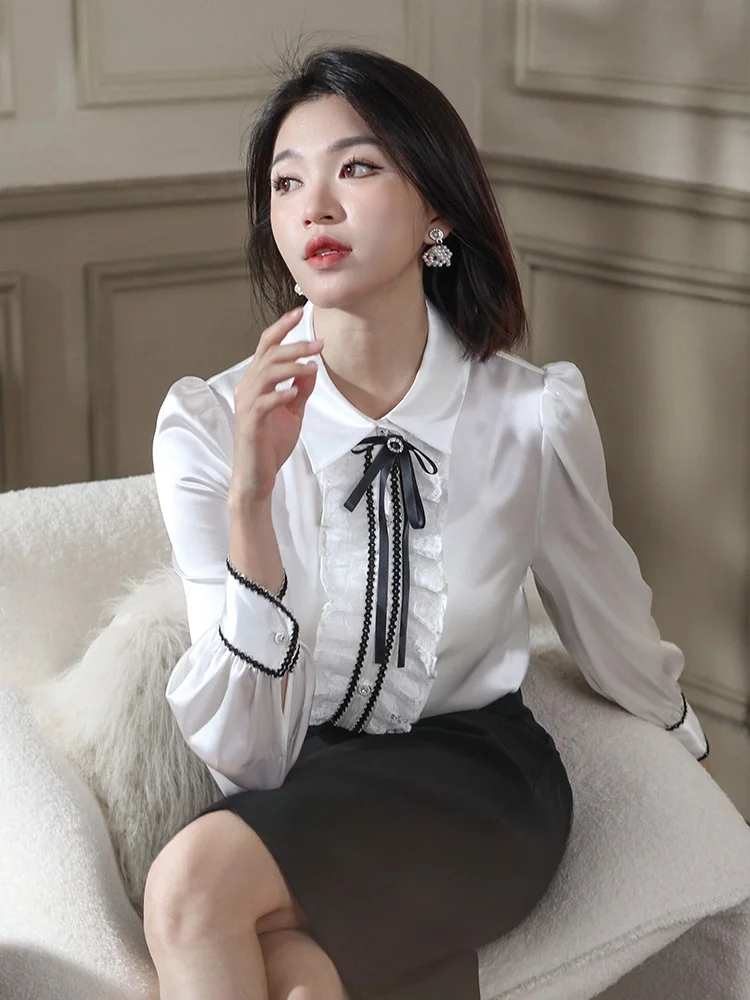 White Acetate Satin irt Women's Spring 2024 New Design Sense Small Wood Ear Knot Belted Top Korean Sle Loose Fit
White Acetate Satin irt Women's Spring 2024 New Design Sense Small Wood Ear Knot Belted Top Korean Sle Loose Fit