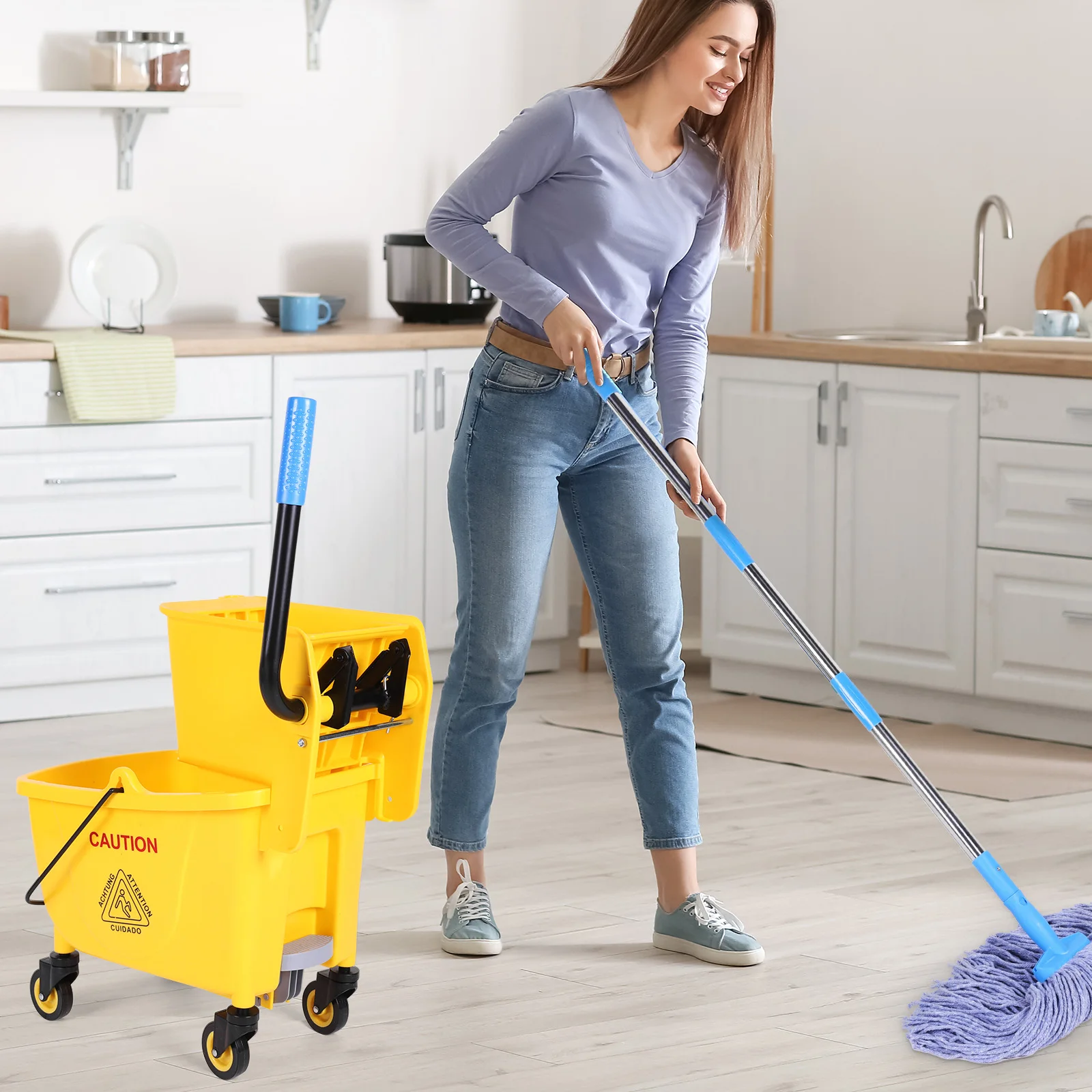 24L Plastic Bucket Mop Wringer with Wheels Hotel Cleaning Mop Bucket Wear Resist Squeezing Water Bucket for Home/Restaurant/Hall
24L Plastic Bucket Mop Wringer with Wheels Hotel Cleaning Mop Bucket Wear Resist Squeezing Water Bucket for Home/Restaurant/Hall