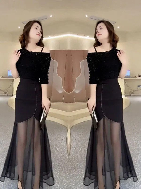 Fashionable Two-Piece Set Women's Black Asymmetrical Shoulder T-Shirt Splice Maxi Skirt Hollow out Mesh Skirt Summer Outfit
Fashionable Two-Piece Set Women's Black Asymmetrical Shoulder T-Shirt Splice Maxi Skirt Hollow out Mesh Skirt Summer Outfit