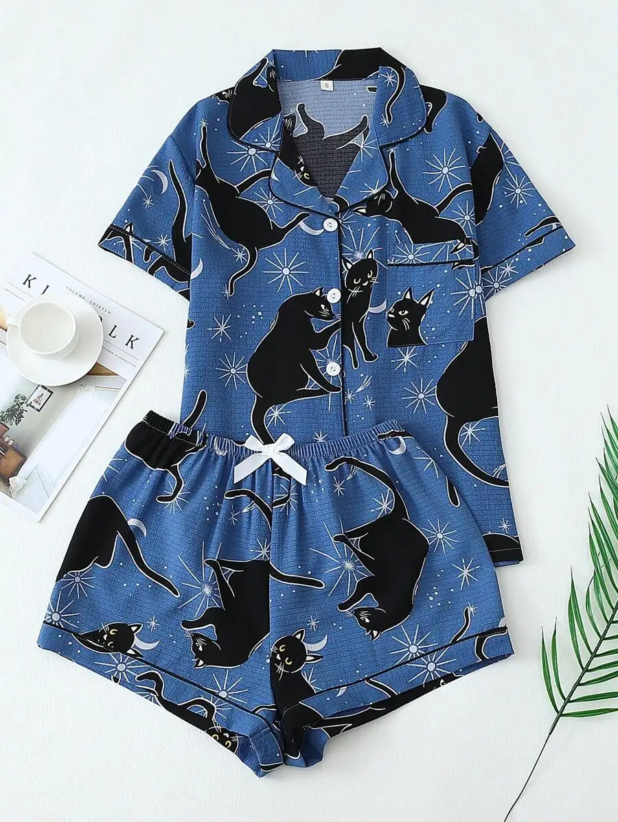 Women Black Cat Print Pajama Set Short Sleeve Buttoned Top Bow Shorts Summer Sleepwear
Women Black Cat Print Pajama Set Short Sleeve Buttoned Top Bow Shorts Summer Sleepwear