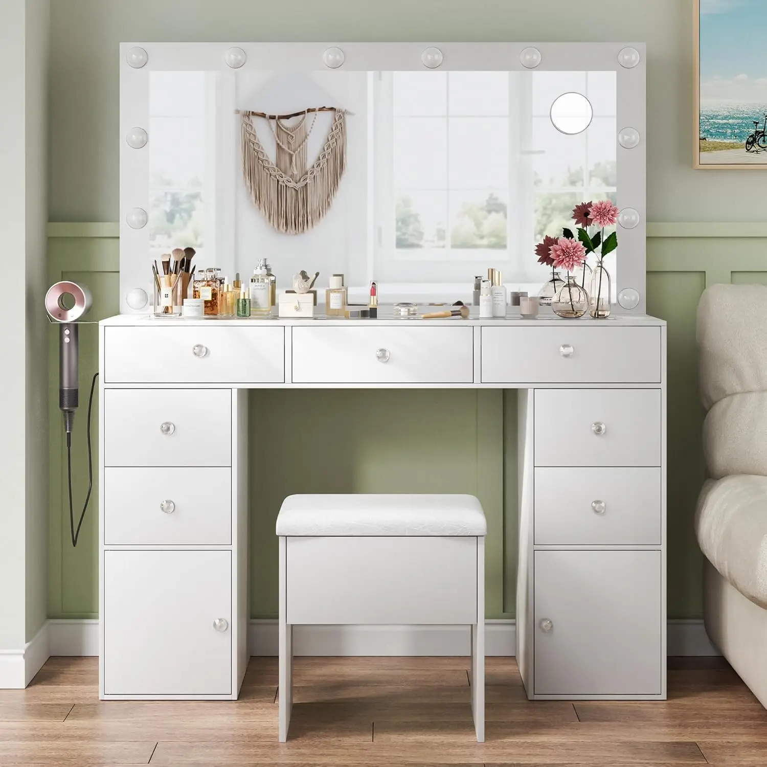 Haewon Vanity Desk with Power Outlet, Makeup Vanity Desk with Mirror and 12 LED Lights, 3 Lighting Modes Vanity Table with Chair
Haewon Vanity Desk with Power Outlet, Makeup Vanity Desk with Mirror and 12 LED Lights, 3 Lighting Modes Vanity Table with Chair