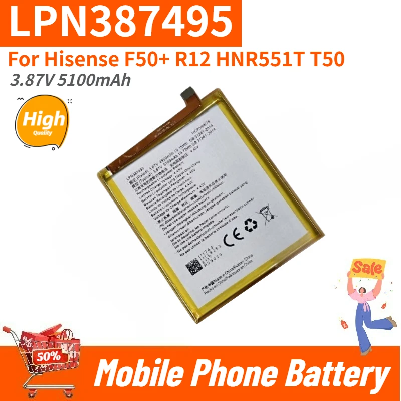 LPN387495 High Quality Phone Battery 3.87V 5100mAh For Hisense F50+ R12 HNR551T T50 Brand New Replacement Battery
LPN387495 High Quality Phone Battery 3.87V 5100mAh For Hisense F50+ R12 HNR551T T50 Brand New Replacement Battery