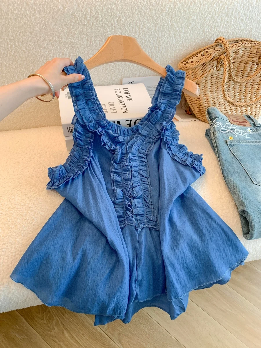 Klein Blue V-Neck Strapless Shirt Women Summer Outdoor Wear Sleeveless Wooden Doll Shirt Shoulder Bared Loose Fit French...
Klein Blue V-Neck Strapless Shirt Women Summer Outdoor Wear Sleeveless Wooden Doll Shirt Shoulder Bared Loose Fit French...