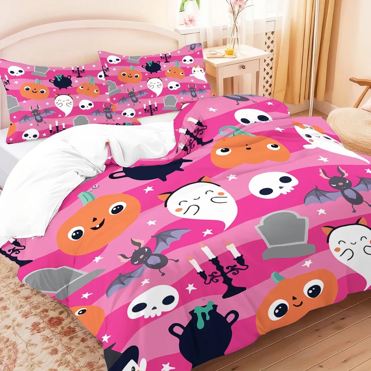 3-piece Halloween themed pink cute ghost pumpkin pattern duvet cover set, 1 duvet cover+2 pillowcases, coreless 
3-piece Halloween themed pink cute ghost pumpkin pattern duvet cover set, 1 duvet cover+2 pillowcases, coreless