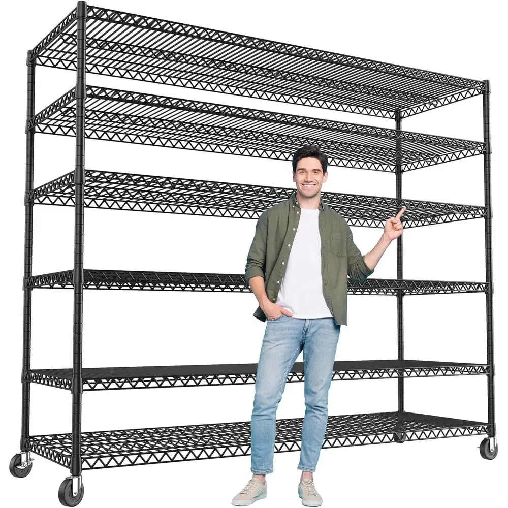 6-Tier Heavy-Duty Adjustable Steel Wire Shelving with Wheels, 82.6H x 60W x 17.7D, 3598 lbs Capacity
6-Tier Heavy-Duty Adjustable Steel Wire Shelving with Wheels, 82.6H x 60W x 17.7D, 3598 lbs Capacity