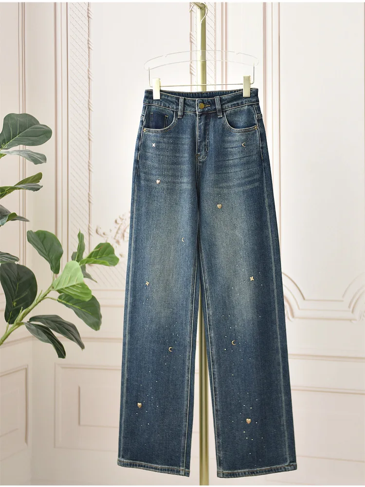 Women's Jeans High Waist Loose Wide Leg Pants Moon Shaped Hot Rhinestones Versatile Blue Spring Autumn New Style
Women's Jeans High Waist Loose Wide Leg Pants Moon Shaped Hot Rhinestones Versatile Blue Spring Autumn New Style
