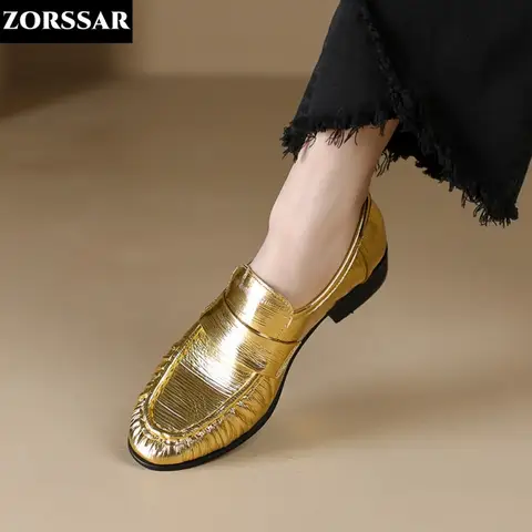 Quality Genuine Leather Women Flat Loafer Gold Black Round Toe Slip-on Flats Woman 2024 Spring Autumn New Shoes Size 34-40