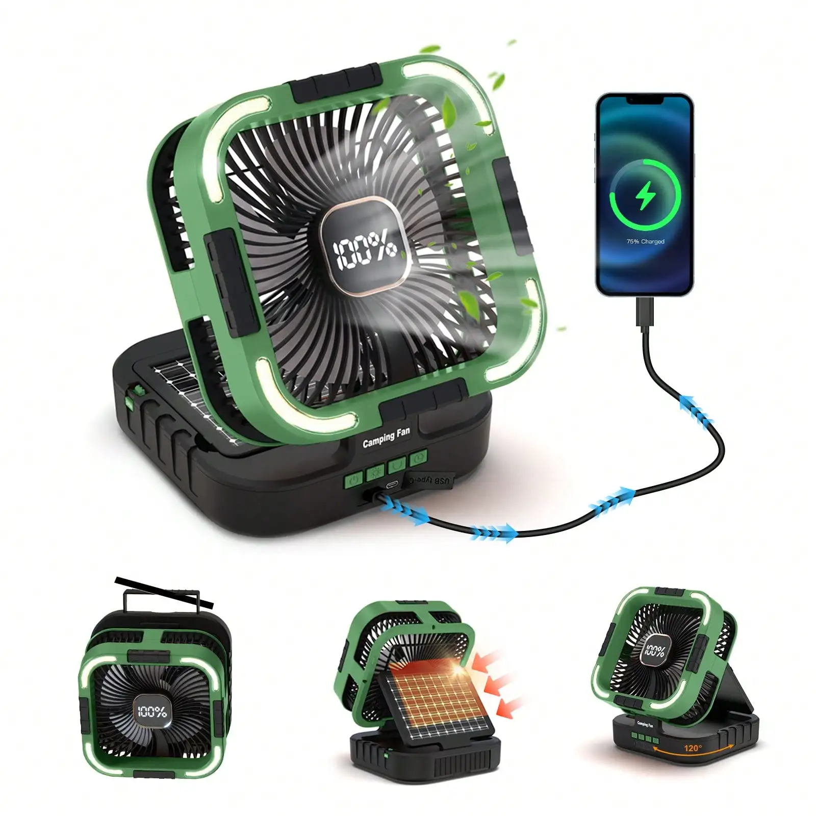 Solar Camping Fan With LED Lantern, 20000mAh Rechargeable Battery Power Bank, 120° Oscillating Portable Fan With LCD Screen, 6 Speeds & Timer For Tent, Outdoor, Jobsite, Emergency
Solar Camping Fan With LED Lantern, 20000mAh Rechargeable Battery Power Bank, 120° Oscillating Portable Fan With LCD Screen, 6 Speeds & Timer For Tent, Outdoor, Jobsite, Emergency