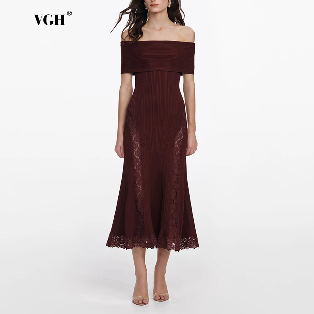 VGH Elegant Burgundy Off The Shoulder Knit Mermaid Midi Dress for Women Short Sleeve Spliced Lace Trim Skirt for Wedding Guests
VGH Elegant Burgundy Off The Shoulder Knit Mermaid Midi Dress for Women Short Sleeve Spliced Lace Trim Skirt for Wedding Guests