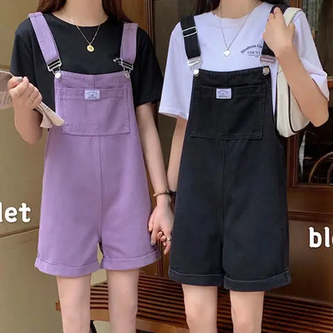 Student Summer Vintage Purple Black Jeans Jumpsuit Women Cotton Wide Legs Bib Female Overalls Personality Denim Rompers Shorts
