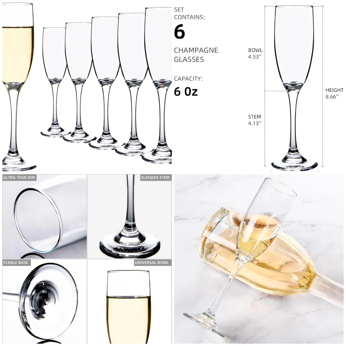Glass Champagne Flutes Set of 6, Elegant Long Stem Champagne Glasses Set for Wedding, Party, 6oz Good for Sparkling Wine
Glass Champagne Flutes Set of 6, Elegant Long Stem Champagne Glasses Set for Wedding, Party, 6oz Good for Sparkling Wine