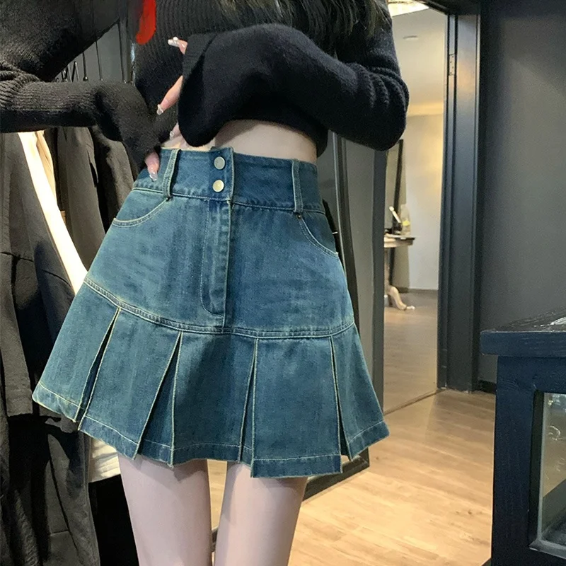 High Waist Pleated Denim Skirt Women Summer plus Size Conceal Belly Slimming Design A-Line ort Skirts Korean Sle
High Waist Pleated Denim Skirt Women Summer plus Size Conceal Belly Slimming Design A-Line ort Skirts Korean Sle