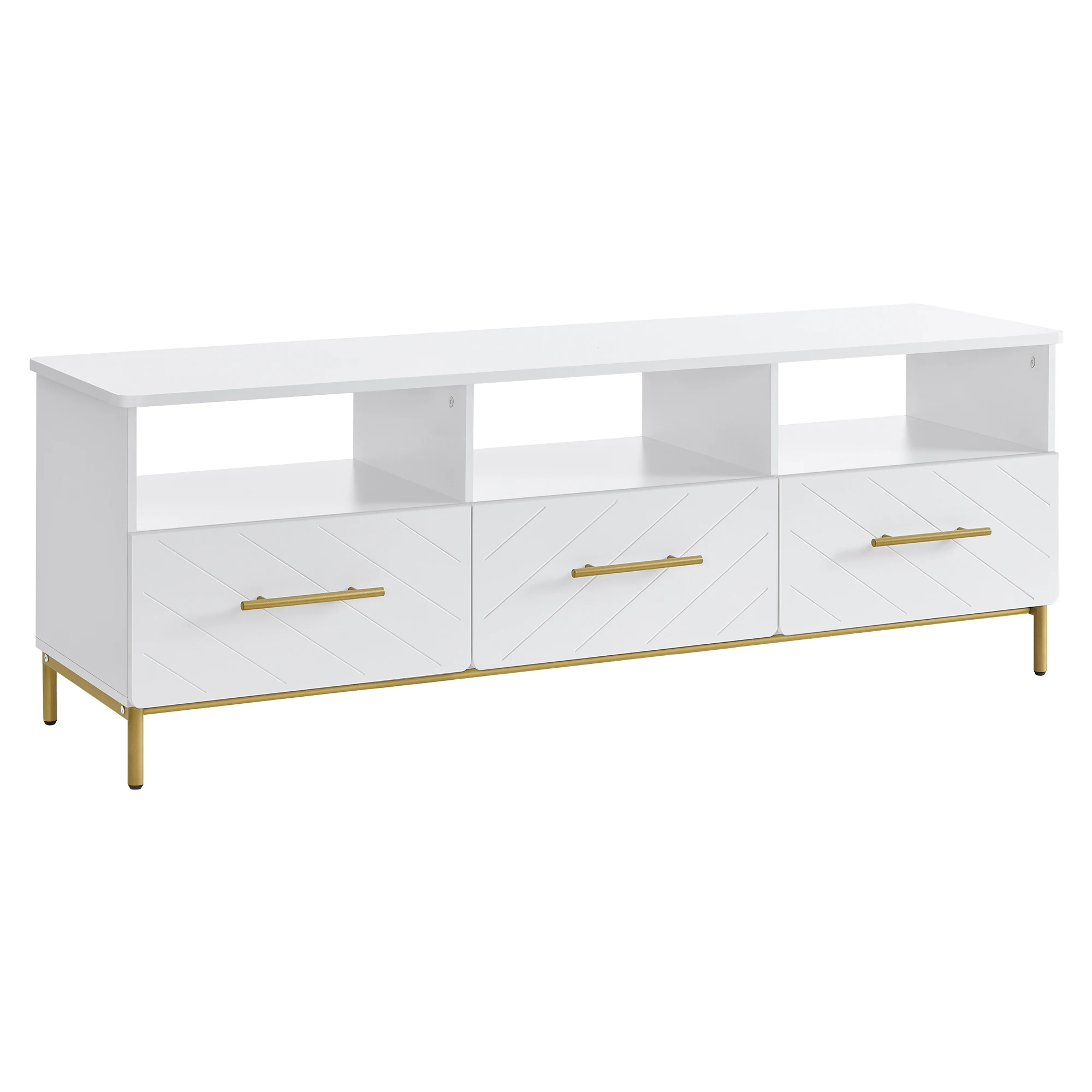 #Modern Luxury TV Stand White with Gold Accents 3 Drawers and 3 Open Compartments Elegant Living Room Furniture
#Modern Luxury TV Stand White with Gold Accents 3 Drawers and 3 Open Compartments Elegant Living Room Furniture