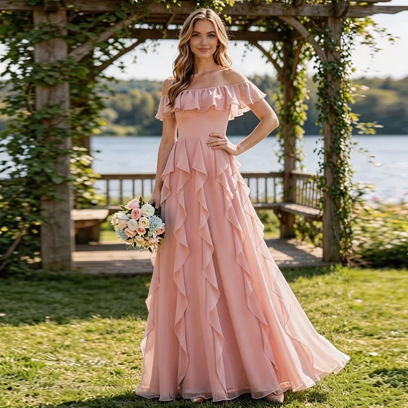 Pink Off Shoulder Bridesmaid Dress Long A Line Ruffle Tiered Evening Gown with Back Bow for Wedding Maid of Honor 2026
Pink Off Shoulder Bridesmaid Dress Long A Line Ruffle Tiered Evening Gown with Back Bow for Wedding Maid of Honor 2026