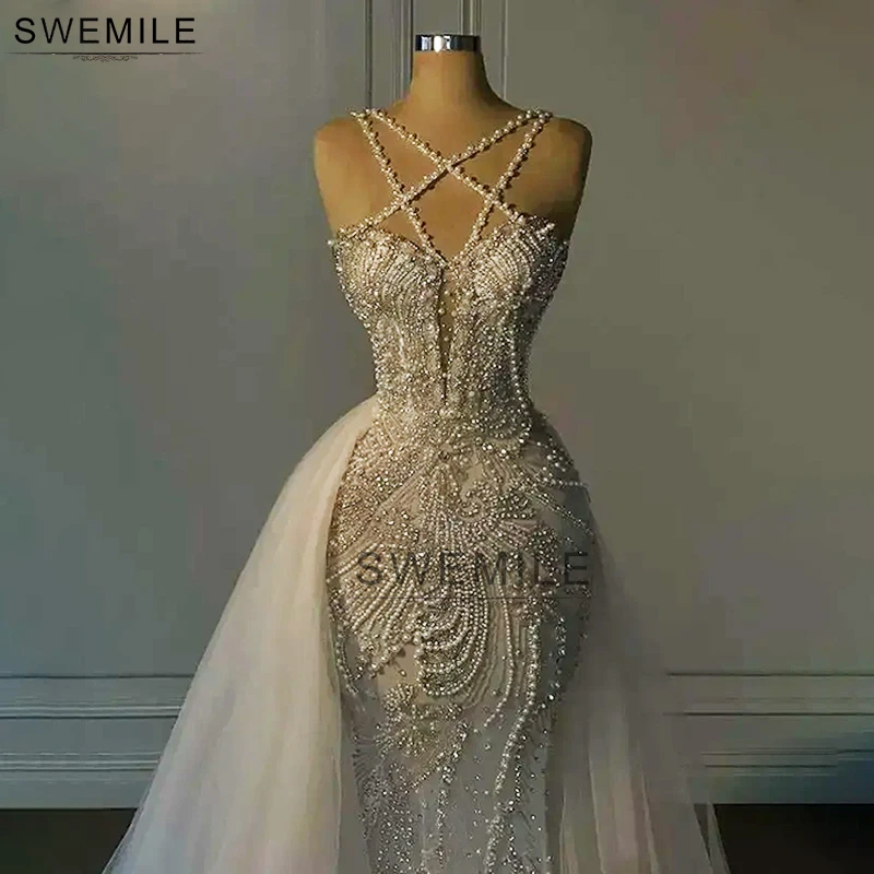 SWEMILE Luxury Pearl Sequins Mermaid Evening Dresses With Detachable Train Sexy Cross Neck Wedding Dress Formal Occasion Gowns
SWEMILE Luxury Pearl Sequins Mermaid Evening Dresses With Detachable Train Sexy Cross Neck Wedding Dress Formal Occasion Gowns