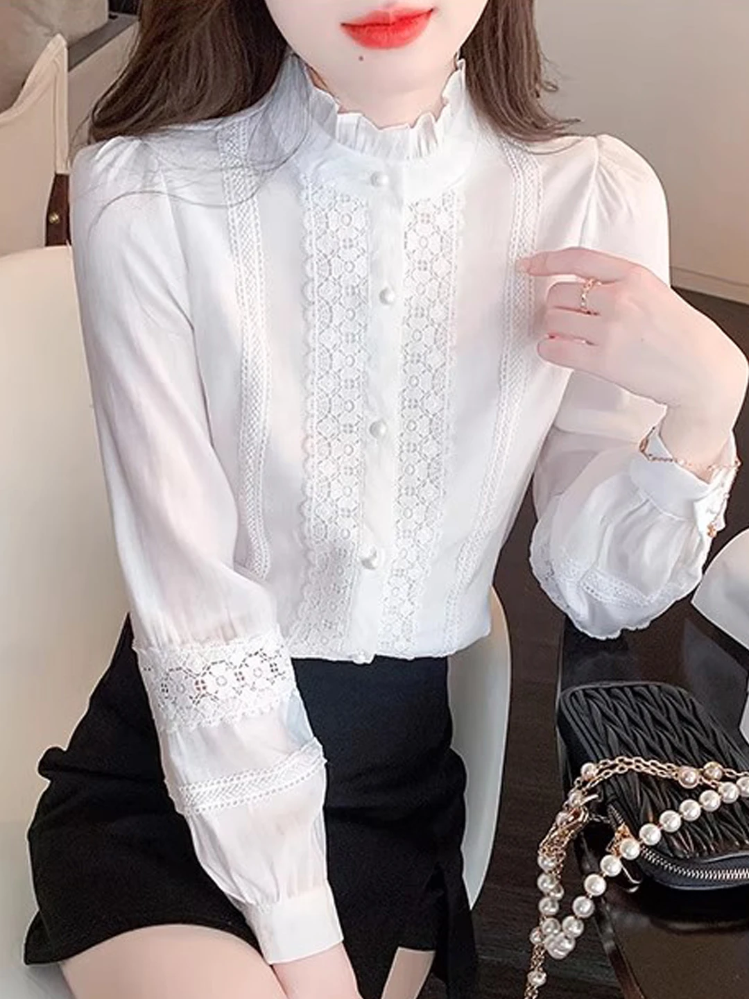 Lace Collar Long Sve Women's irt Spring Autumn New Sle Faionable Chiffon Top Stand Collar Wood ain Design
Lace Collar Long Sve Women's irt Spring Autumn New Sle Faionable Chiffon Top Stand Collar Wood ain Design