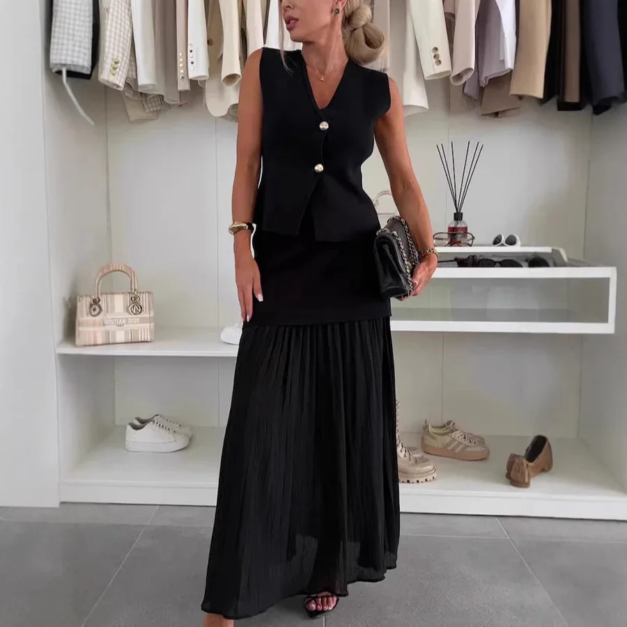 Комплекты из 2 предметов, женский жилет, топ, длинные юбки, костюм без рукавов, топ с v-образным вырезом, однобортный жилет, плиссированная юбка, лето 2025 г.
Комплекты из 2 предметов, женский жилет, топ, длинные юбки, костюм без рукавов, топ с v-образным вырезом, однобортный жилет, плиссированная юбка, лето 2025 г.