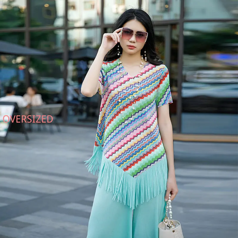 Miyake Pleated Top for Women, Niche Design, Asymmetric Tassel, Loose T-shirt, Short Sleeve, Crop Top, Large Size, Summer, New
Miyake Pleated Top for Women, Niche Design, Asymmetric Tassel, Loose T-shirt, Short Sleeve, Crop Top, Large Size, Summer, New