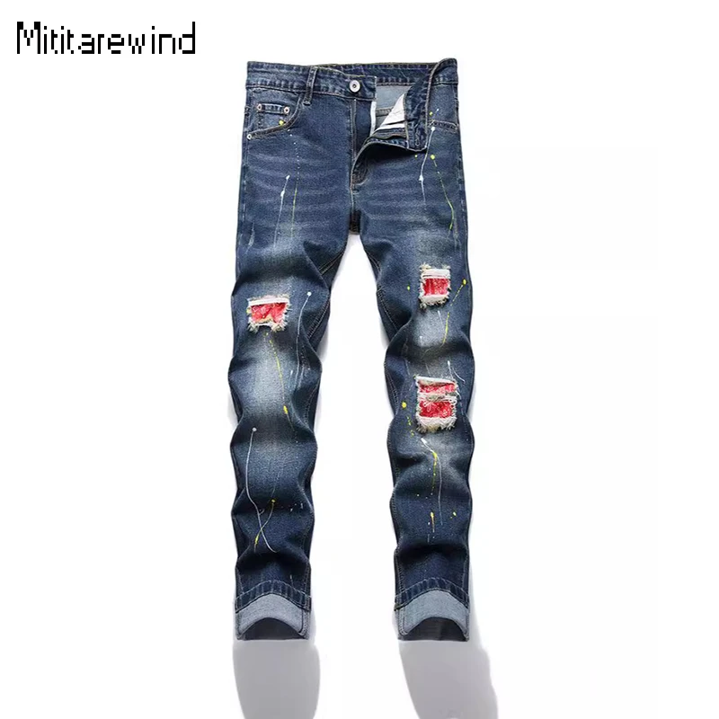 High Street Patch Ripped Jeans for Men Four Seasons Casual New Denim Pants Chic Spot Paint Straight Blue Jeans Fashion Trousers
High Street Patch Ripped Jeans for Men Four Seasons Casual New Denim Pants Chic Spot Paint Straight Blue Jeans Fashion Trousers