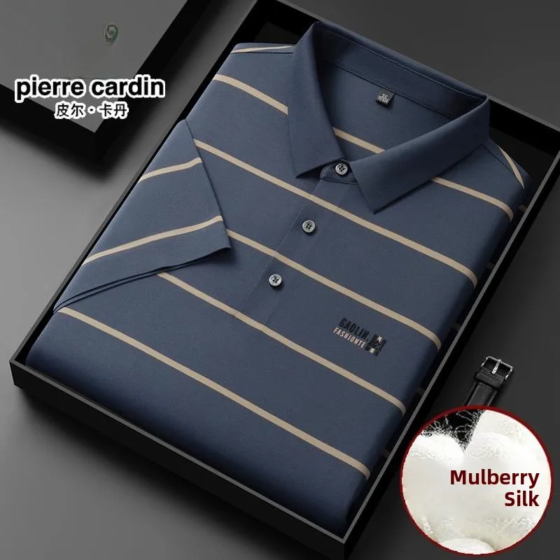 Мужская высококачественная шелковая футболка Pierre Cardin с коротким рукавом, летняя, с полосатым воротником, из натурального шелка, для бизнеса
Мужская высококачественная шелковая футболка Pierre Cardin с коротким рукавом, летняя, с полосатым воротником, из натурального шелка, для бизнеса