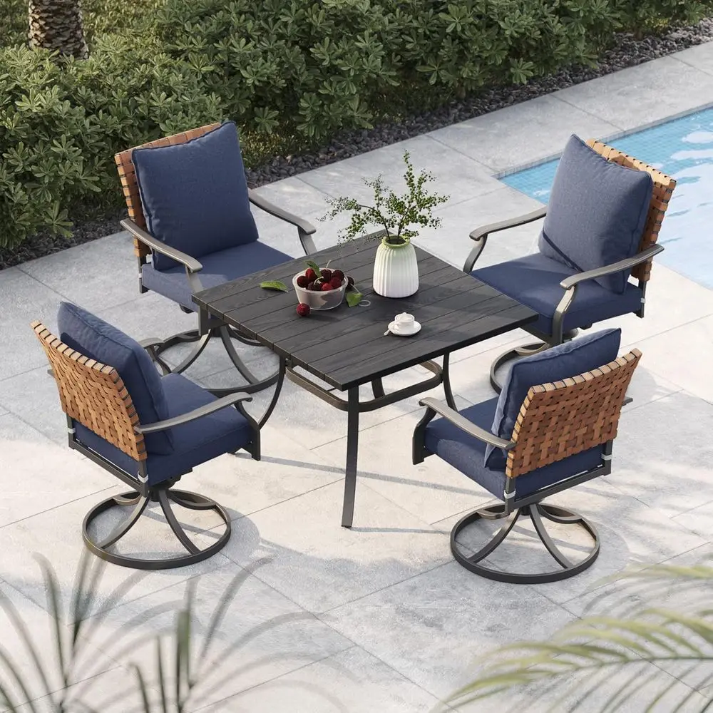 5-Piece Outdoor Dining Set: 4 Blue Leather-Wicker Swivel Chairs and Square Black Table
5-Piece Outdoor Dining Set: 4 Blue Leather-Wicker Swivel Chairs and Square Black Table