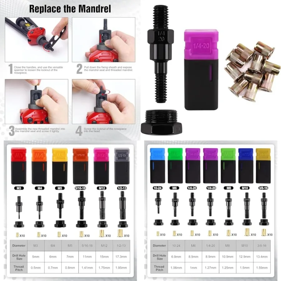 Rivet Nut Tool Mandrel 1/4-20 and 10 Rivet Nuts, Rivet Tool Set Spare Part, Nutsert Tool Accessories Set Compatible with RZX/As
Rivet Nut Tool Mandrel 1/4-20 and 10 Rivet Nuts, Rivet Tool Set Spare Part, Nutsert Tool Accessories Set Compatible with RZX/As