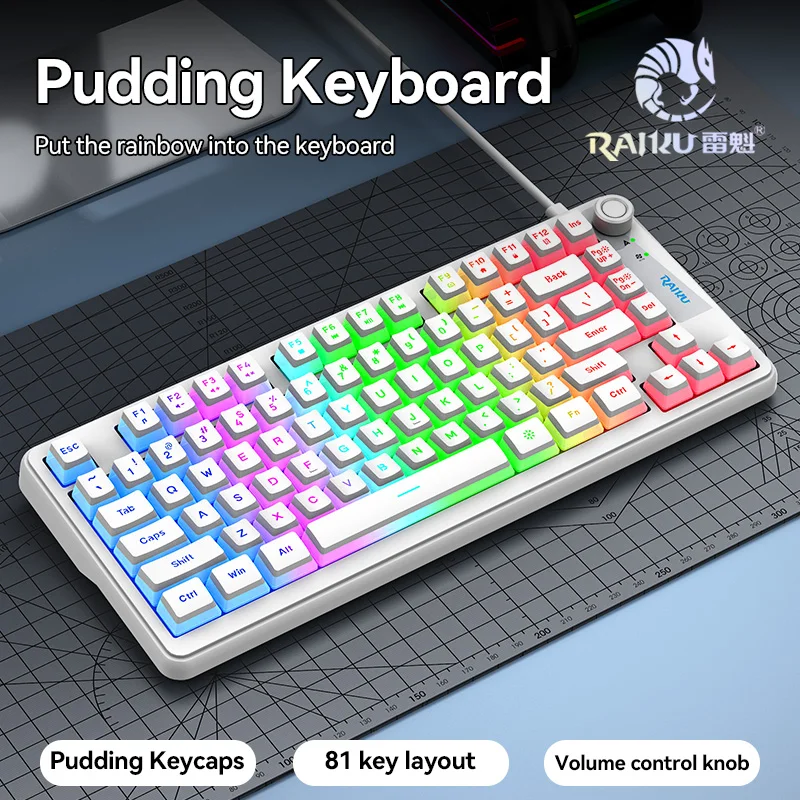 Wired 61-Key Lighted Mini Keyboard with Double Cream Pudding Keycaps and Detachable Cable Computer Keyboard