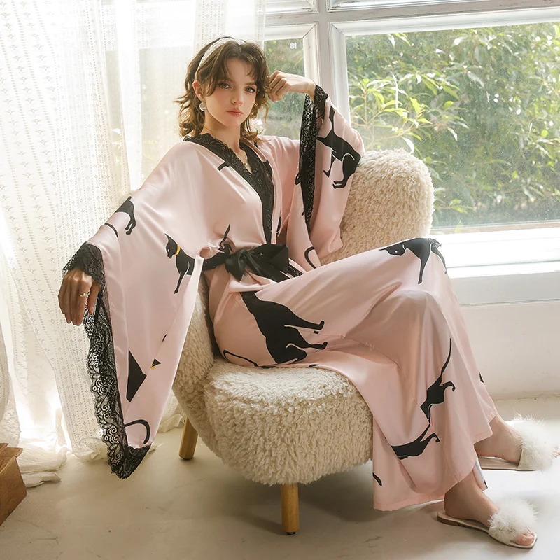 Women's Pajamas Pink Satin Robe Black Cheetah Print Nightgowns Sexy Lace Splicing Loose Bathrobe Elegant Nightwear Dressing Gown
Women's Pajamas Pink Satin Robe Black Cheetah Print Nightgowns Sexy Lace Splicing Loose Bathrobe Elegant Nightwear Dressing Gown