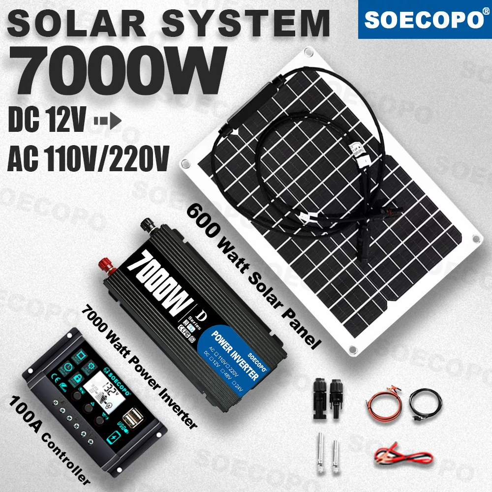 SOECOPO 7000W Peak Solar Kit 600W Flexible Panel 100A 12V/24V Controller 750W Rated Inverter 110V/220V for RV Boat Off-Grid
SOECOPO 7000W Peak Solar Kit 600W Flexible Panel 100A 12V/24V Controller 750W Rated Inverter 110V/220V for RV Boat Off-Grid