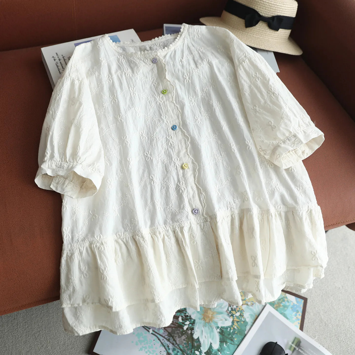 Japanese Sweet Mori Girl Colorful Button Embroidery Ruffles Cotton Shirts Women Summer O-Neck Short Sleeve Casual Loose Blouse
Japanese Sweet Mori Girl Colorful Button Embroidery Ruffles Cotton Shirts Women Summer O-Neck Short Sleeve Casual Loose Blouse