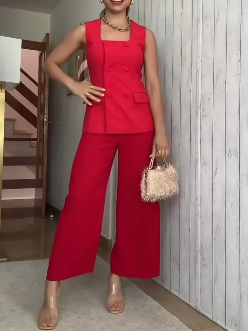 2024 New Fashion Red Pants suit Spring Summer Station Lined Button Vest with Straight Split Pants Women Two-piece Sets Elegant
2024 New Fashion Red Pants suit Spring Summer Station Lined Button Vest with Straight Split Pants Women Two-piece Sets Elegant