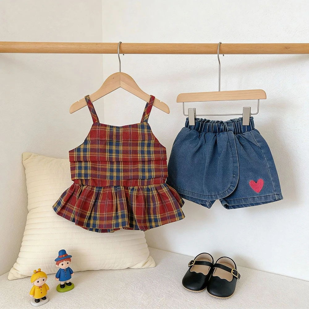 1-5 Years Girls Red Plaid Ruffle Camisole Top+Denim Shorts 2Pcs Summer Kids Summer Outfit Suit Vest Shorts Children Clothes Sets
1-5 Years Girls Red Plaid Ruffle Camisole Top+Denim Shorts 2Pcs Summer Kids Summer Outfit Suit Vest Shorts Children Clothes Sets