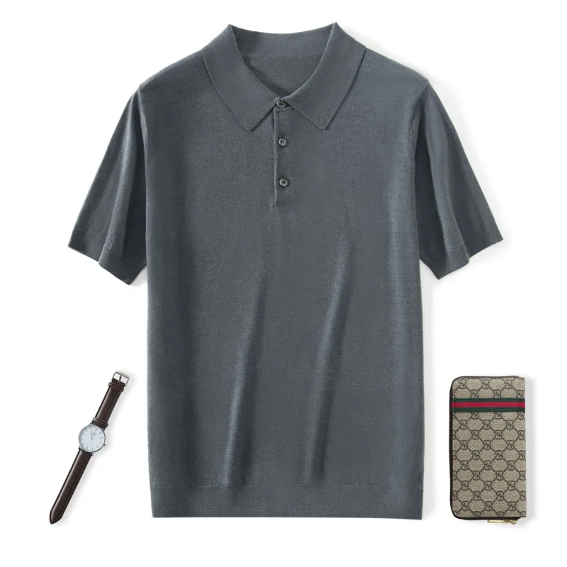 New men's spun 100% wool T-shirt casual solid color knitted short sleeved POLO collar thin style men's high-end Tops basic Tees
New men's spun 100% wool T-shirt casual solid color knitted short sleeved POLO collar thin style men's high-end Tops basic Tees