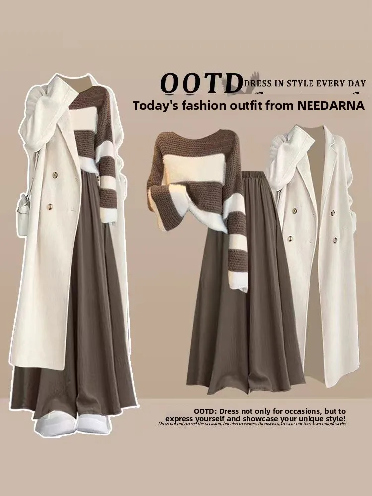 Korean Style Women's Autumn Winter Knitted Sweater Long Casual Pants Three Piece Set High Quality Striped Knitwear Jacket
Korean Style Women's Autumn Winter Knitted Sweater Long Casual Pants Three Piece Set High Quality Striped Knitwear Jacket