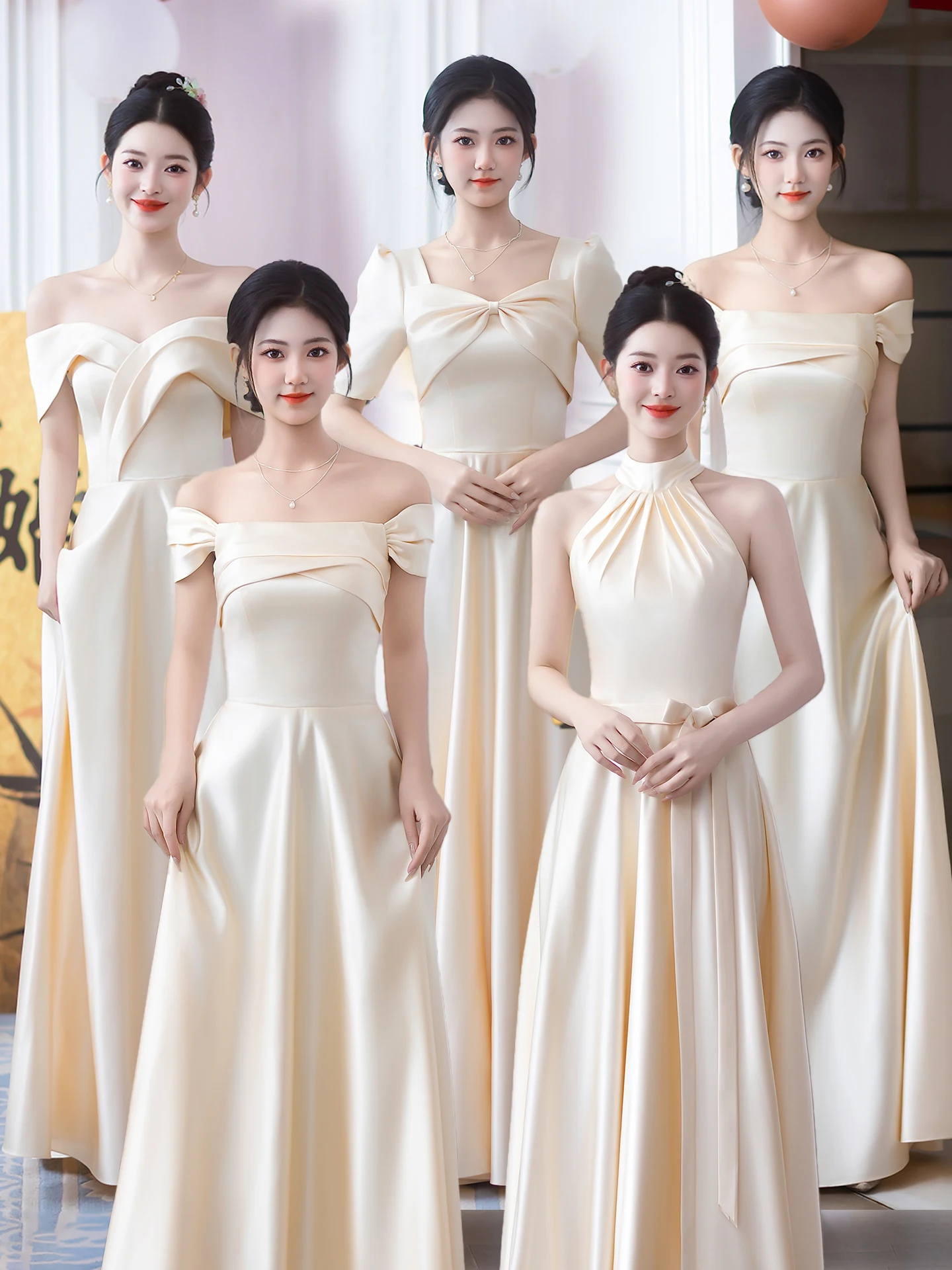 Champagne Color Satin Maids of Dresses Neck Hanging Wedding Gowns Women's Style Korean Version Short Sleeve Long Skirt
Champagne Color Satin Maids of Dresses Neck Hanging Wedding Gowns Women's Style Korean Version Short Sleeve Long Skirt