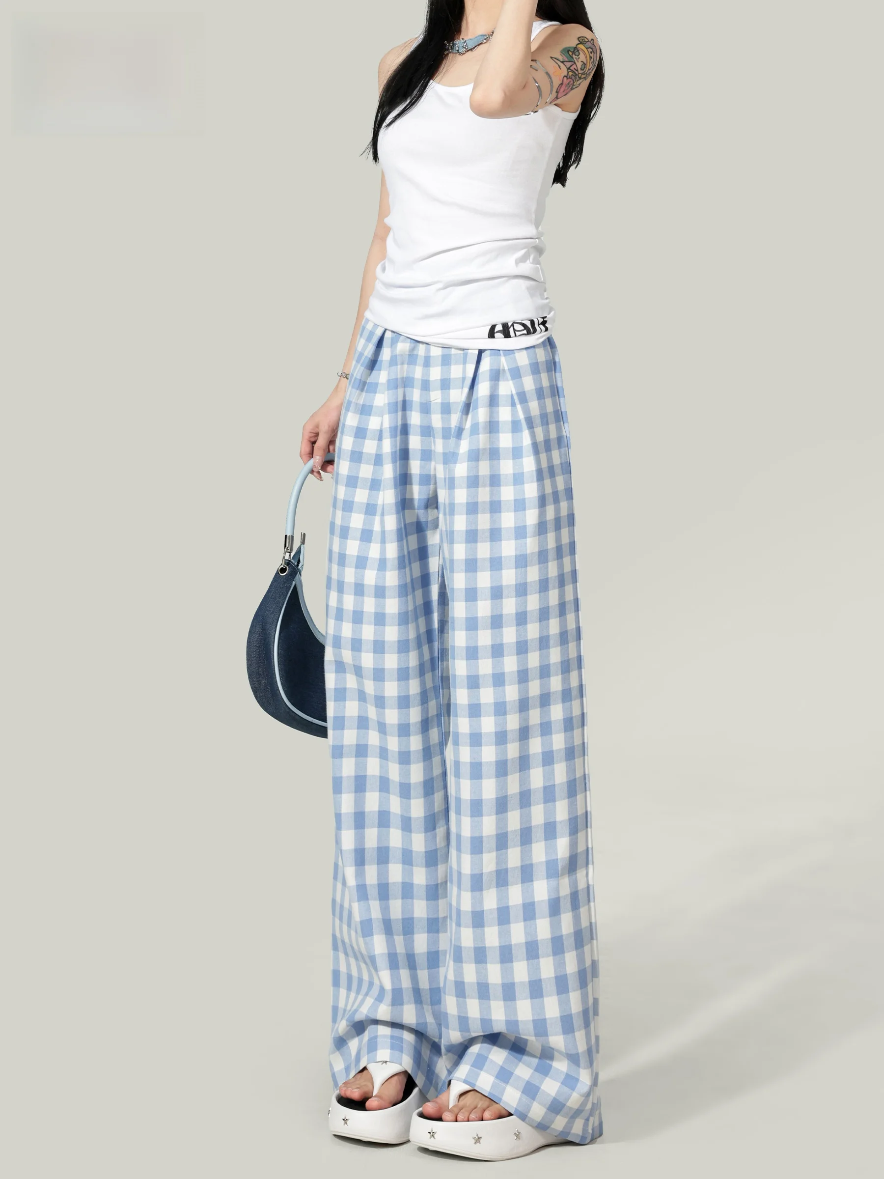 Blue Plaid High Waist Wide Leg Casual Pants Women's Loose Thin Lazy Style Drapey Straight Leg Trousers Summer New Arrival
Blue Plaid High Waist Wide Leg Casual Pants Women's Loose Thin Lazy Style Drapey Straight Leg Trousers Summer New Arrival