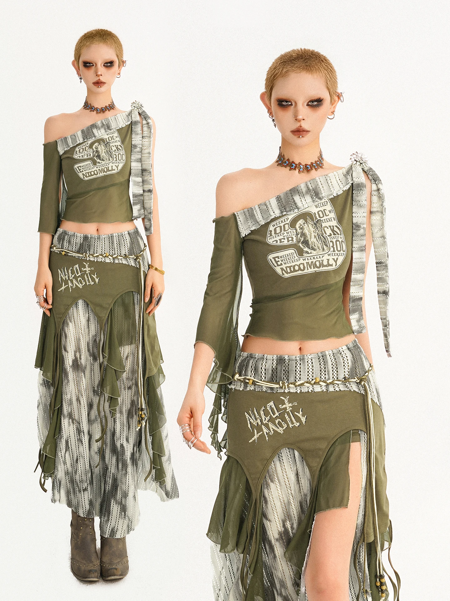 Nico Molly Design Distressed Print Post-apocalyptic Hot Girl Shoulder-baring High Slit Asymmetric Fit Summer Set for Women
Nico Molly Design Distressed Print Post-apocalyptic Hot Girl Shoulder-baring High Slit Asymmetric Fit Summer Set for Women