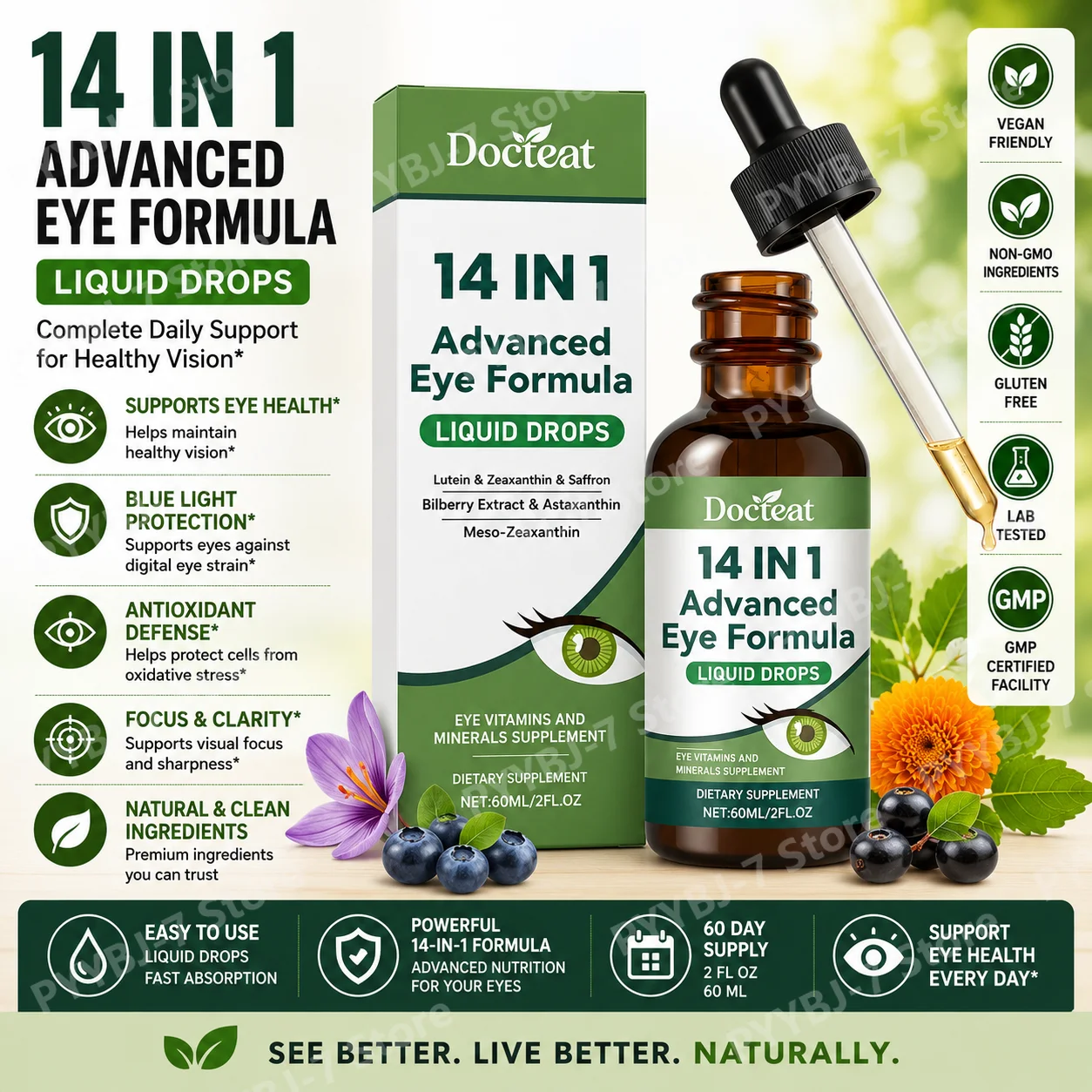 Daily Eye Wellness Liquid Supplement 14-in-1 with Lutein Zeaxanthin Bilberry Saffron Astaxanthin, Plant Nutrient Blend 60ml
Daily Eye Wellness Liquid Supplement 14-in-1 with Lutein Zeaxanthin Bilberry Saffron Astaxanthin, Plant Nutrient Blend 60ml