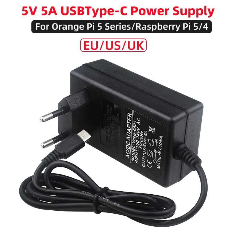 5V 5A Power Adapter for Orange Pi 5 Pro / Max / Ultra / Plus / 4A / RV2 USB Type-C Power Supply EU US UK Plug Raspberry Pi 5 4
5V 5A Power Adapter for Orange Pi 5 Pro / Max / Ultra / Plus / 4A / RV2 USB Type-C Power Supply EU US UK Plug Raspberry Pi 5 4