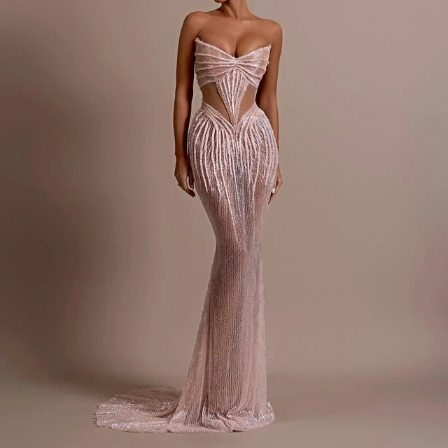 Sweetheart Neck Customized Beige Celebrity Party Evening Gown Cut Out Strapless Long Dress Hollow Out Mermaid Prom Dress
Sweetheart Neck Customized Beige Celebrity Party Evening Gown Cut Out Strapless Long Dress Hollow Out Mermaid Prom Dress