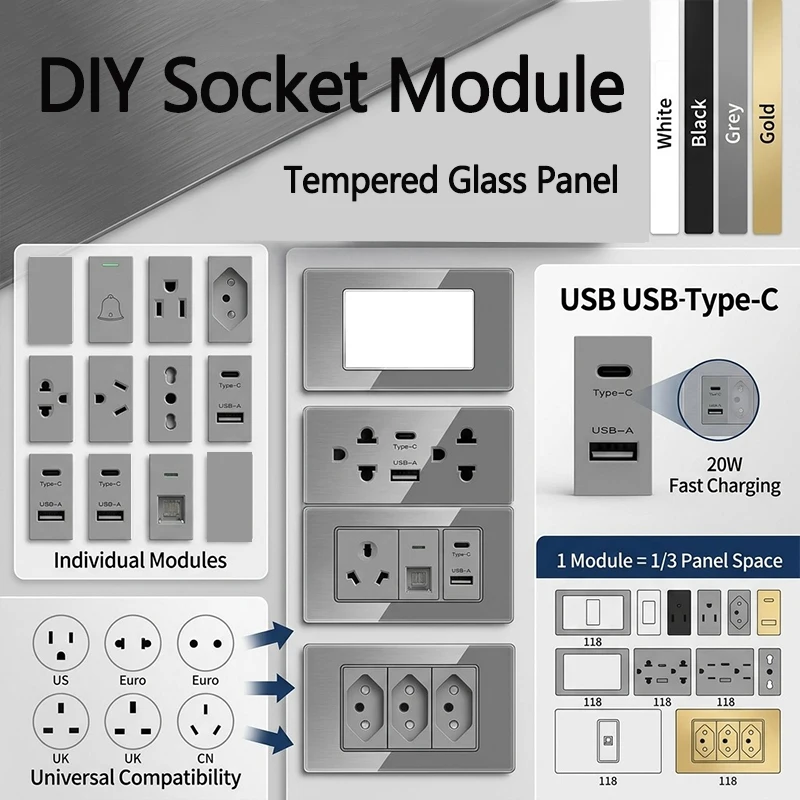 DIY Modular Tempered Glass Wall Plate2x4inch NEMA 5-15R Duplex Outlet US EU Italy Chile Interchangeable Electrical Socket Module
DIY Modular Tempered Glass Wall Plate2x4inch NEMA 5-15R Duplex Outlet US EU Italy Chile Interchangeable Electrical Socket Module