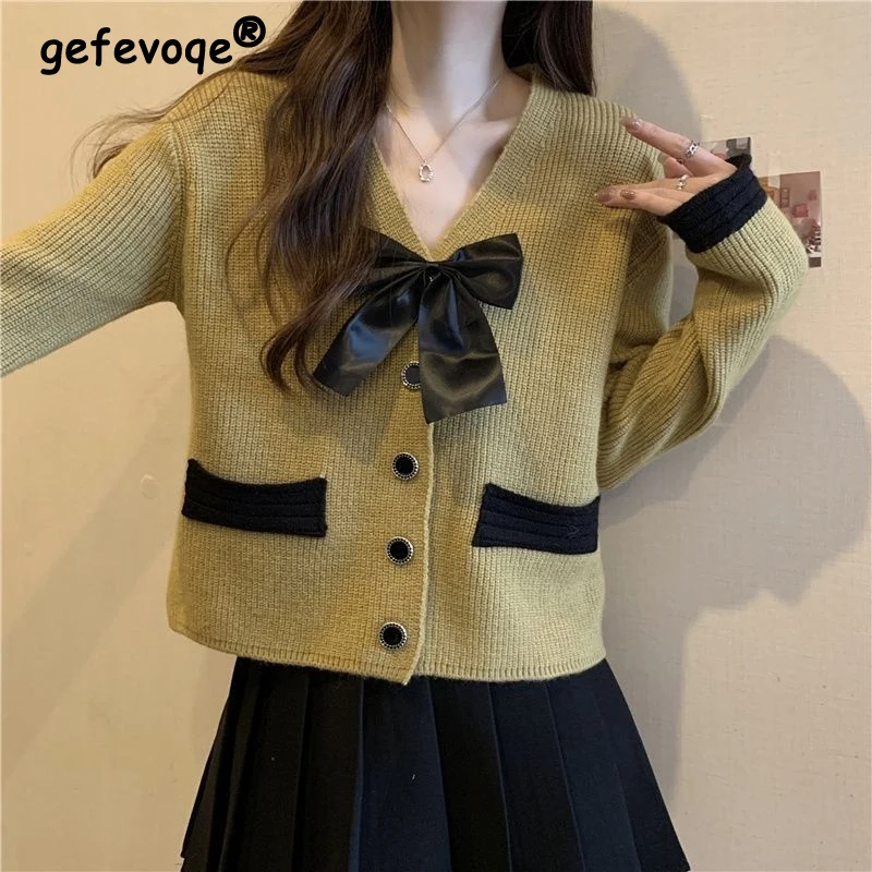 Women's Stylish Bow Sweet Cute Single Breasted Knitted Cardigan Female Contrast Color V Neck Long Sleeve Chic Outerwears Sweater
Women's Stylish Bow Sweet Cute Single Breasted Knitted Cardigan Female Contrast Color V Neck Long Sleeve Chic Outerwears Sweater