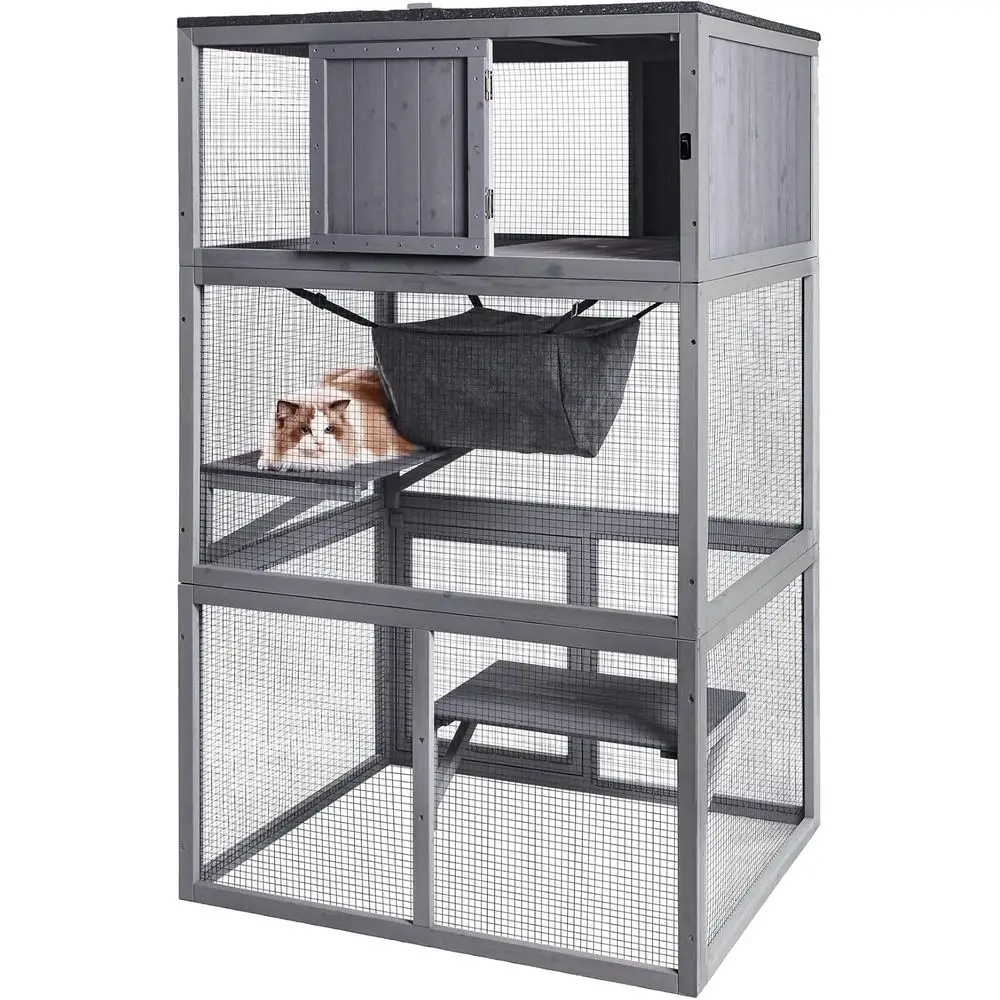 Catio Wooden Outdoor Cat Enclosure with Asphalt Roof, 3 Floors Cat House, Indoor Large Kitten playpen with Hammock & Resting Box
Catio Wooden Outdoor Cat Enclosure with Asphalt Roof, 3 Floors Cat House, Indoor Large Kitten playpen with Hammock & Resting Box