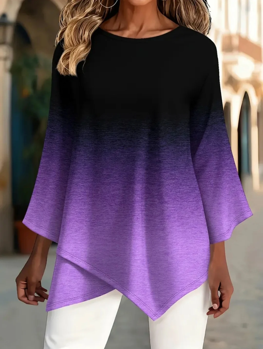 Женская футболка больших размеров, круглый вырез и рукава «летучая мышь», асимметричный дизайн по краю, градиентный цветной принт.
Женская футболка больших размеров, круглый вырез и рукава «летучая мышь», асимметричный дизайн по краю, градиентный цветной принт.