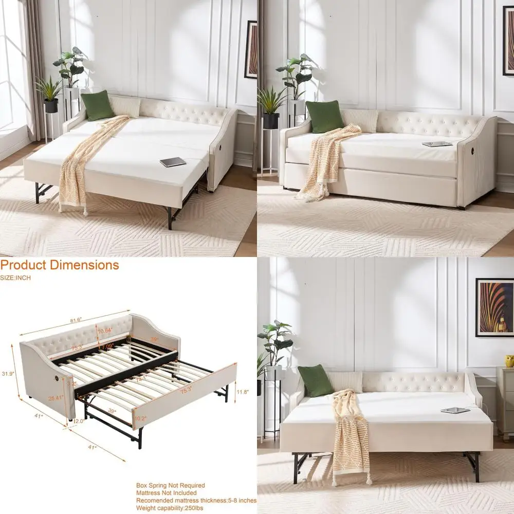Modern Velvet Upholstered Daybed with Pop-Up Trundle and USB Ports, Button Tufted Frame, King Size Day Bed with Side Pockets
Modern Velvet Upholstered Daybed with Pop-Up Trundle and USB Ports, Button Tufted Frame, King Size Day Bed with Side Pockets