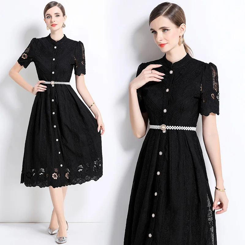 Summer Formal Evening Dress Women Single Breasted Pearl Belt Short Sleeve Crochet Embroidery Long Dresses Shirt Party Vestidos
Summer Formal Evening Dress Women Single Breasted Pearl Belt Short Sleeve Crochet Embroidery Long Dresses Shirt Party Vestidos