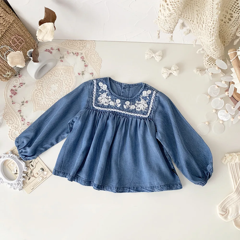 Jenny&Dave Spring and Autumn Solid Color Embroidered Shirt Girl Baby Girl Lace Round Neck Tencel Denim Bubble Long Sleeve Shirt
Jenny&Dave Spring and Autumn Solid Color Embroidered Shirt Girl Baby Girl Lace Round Neck Tencel Denim Bubble Long Sleeve Shirt