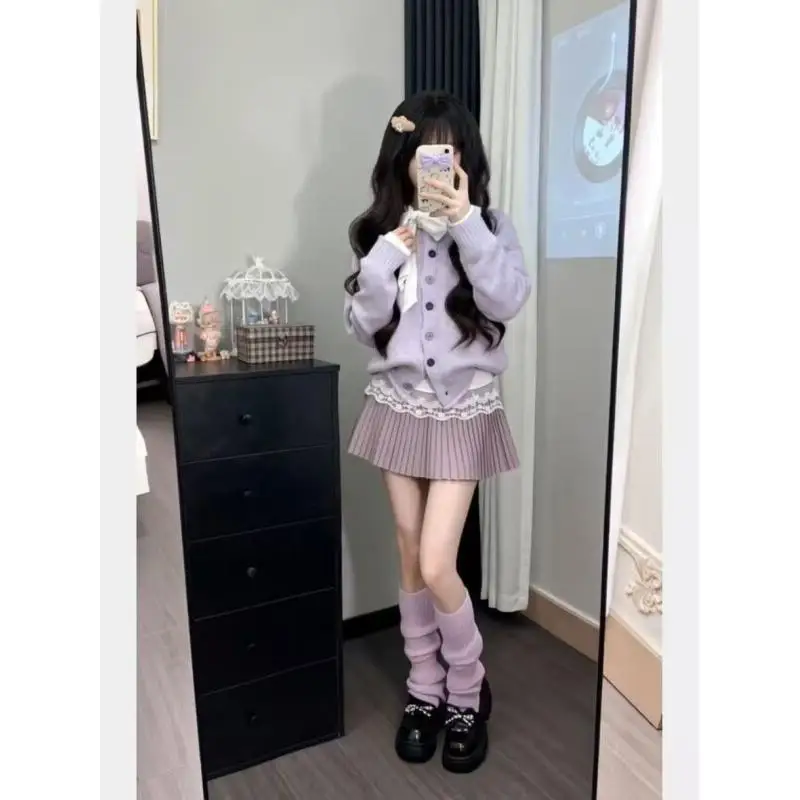 New Hot 3Pcs Set Gentle Lazy Style Purple Round Neck Knitted Cardigan Skirt Soft Fluffy Knit for Women Spring Autumn Fashionable
New Hot 3Pcs Set Gentle Lazy Style Purple Round Neck Knitted Cardigan Skirt Soft Fluffy Knit for Women Spring Autumn Fashionable