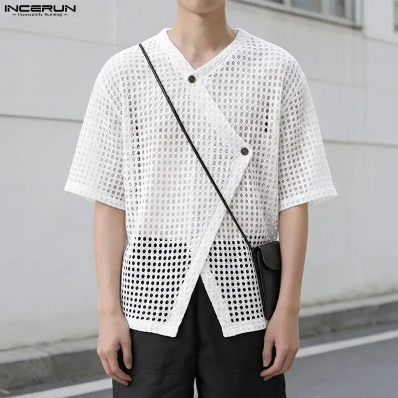 INCERUN Men's Shirt Solid V Neck Short Sleeve Hollow Out Tops Shirts For Man See Through Loose Sexy Fashion Men Clothes Camisa
INCERUN Men's Shirt Solid V Neck Short Sleeve Hollow Out Tops Shirts For Man See Through Loose Sexy Fashion Men Clothes Camisa