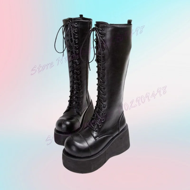 Black Round Toe Cross Tied Boots Matte Leather Knee High Shoes for Women Wedges Heels Platform Shoes 2024 Zapatos Para Mujere
Black Round Toe Cross Tied Boots Matte Leather Knee High Shoes for Women Wedges Heels Platform Shoes 2024 Zapatos Para Mujere
